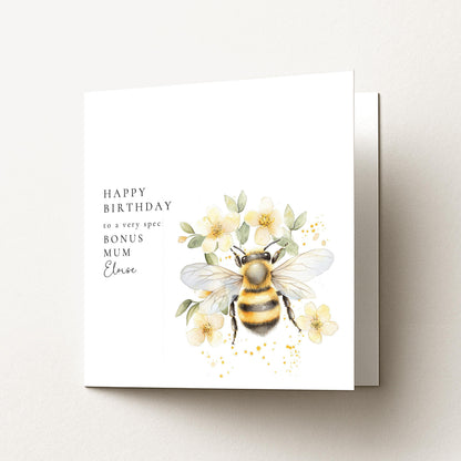 Bonus Mum Birthday Card – Personalised Floral Bee Design With Envelope
