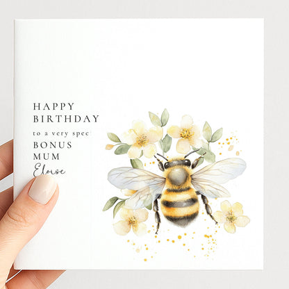 Bonus Mum Birthday Card – Personalised Floral Bee Design With Envelope