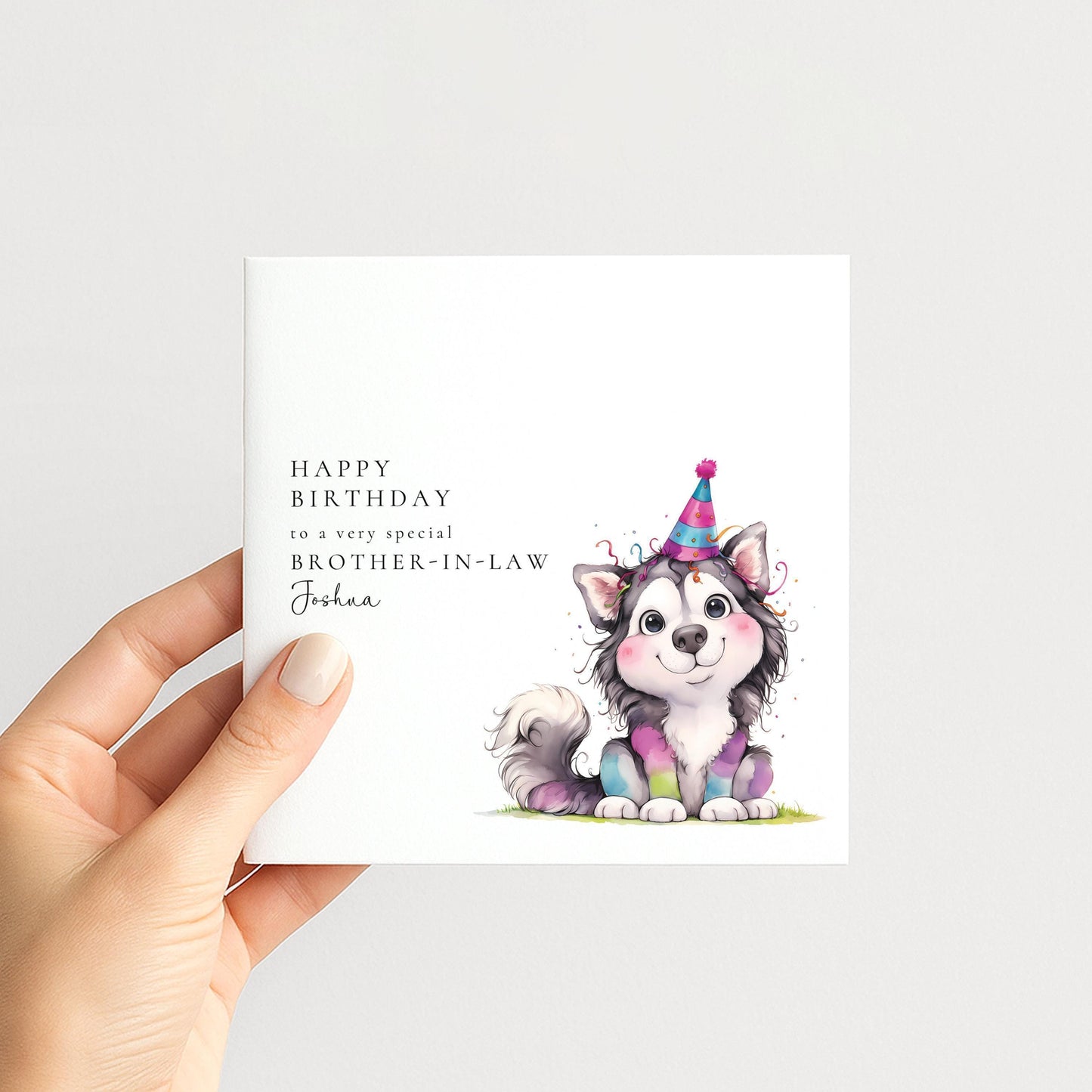 Brother In Law Birthday Card - Personalised Dog Illustration With Confetti & Party Hat