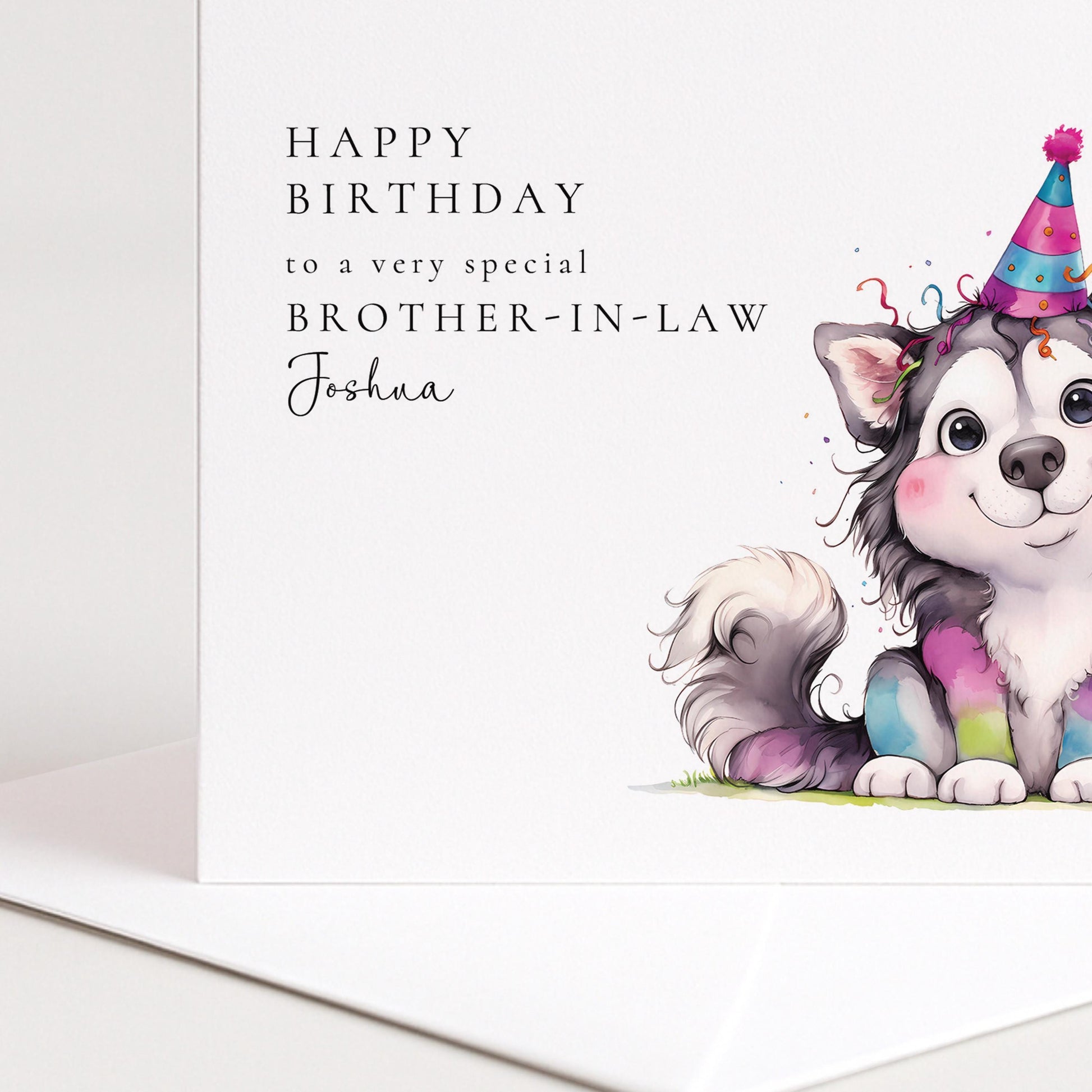 Brother In Law Birthday Card - Personalised Dog Illustration With Confetti & Party Hat