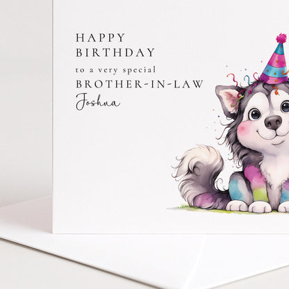 Brother In Law Birthday Card - Personalised Dog Illustration With Confetti & Party Hat