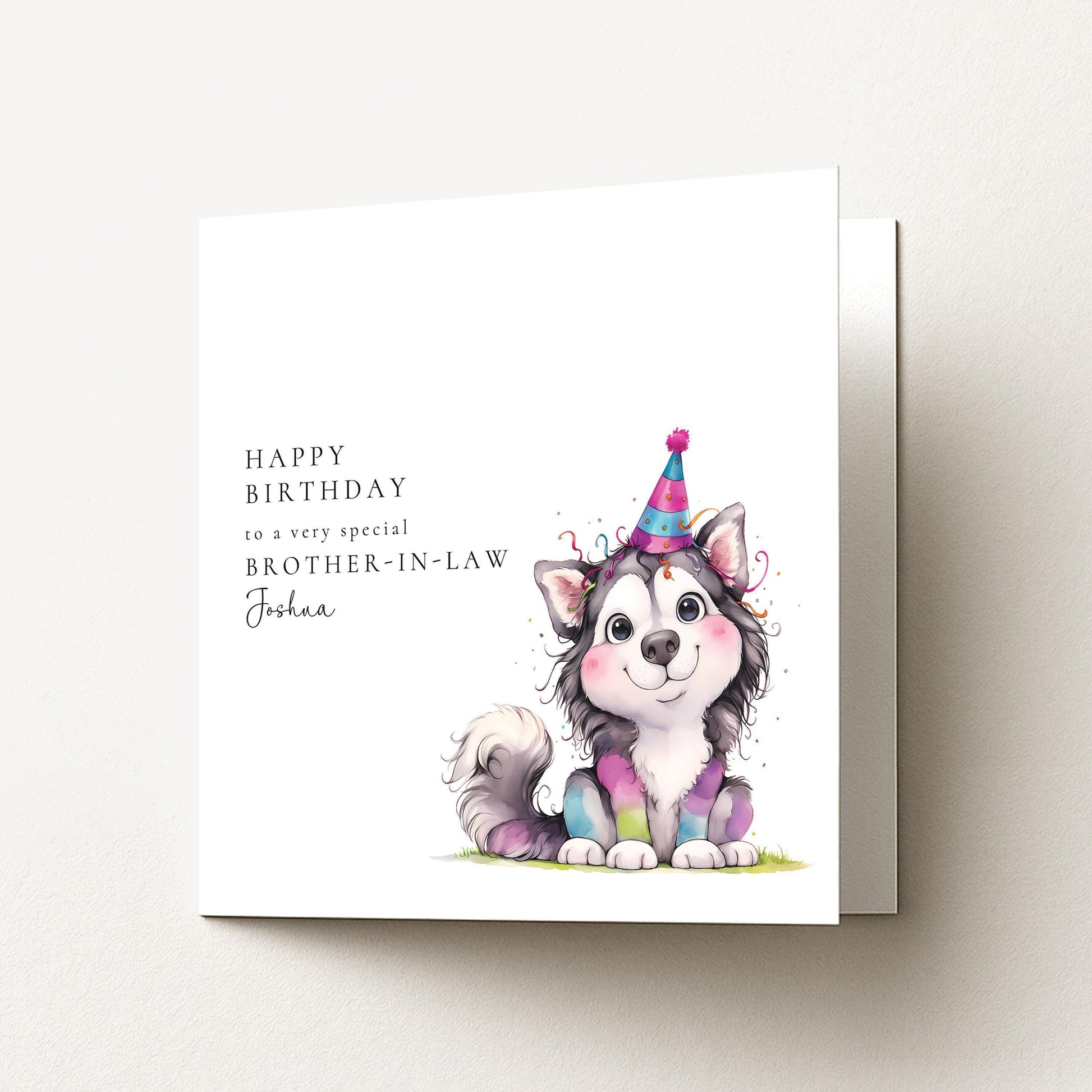 Brother In Law Birthday Card - Personalised Dog Illustration With Confetti & Party Hat