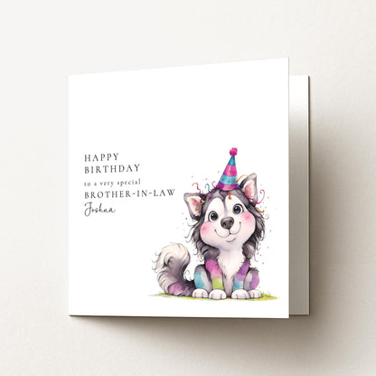 Brother In Law Birthday Card - Personalised Dog Illustration With Confetti & Party Hat