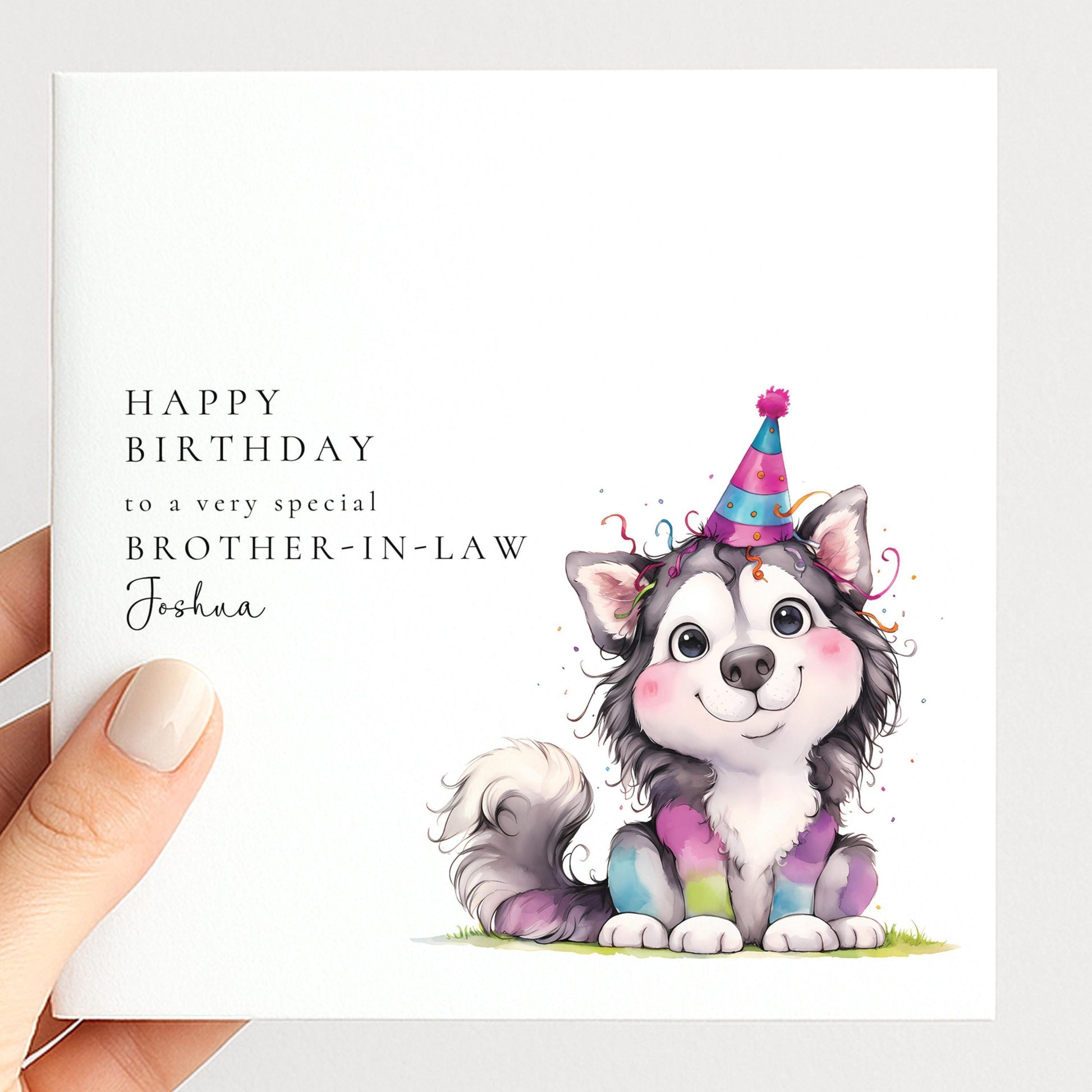 Brother In Law Birthday Card - Personalised Dog Illustration With Confetti & Party Hat