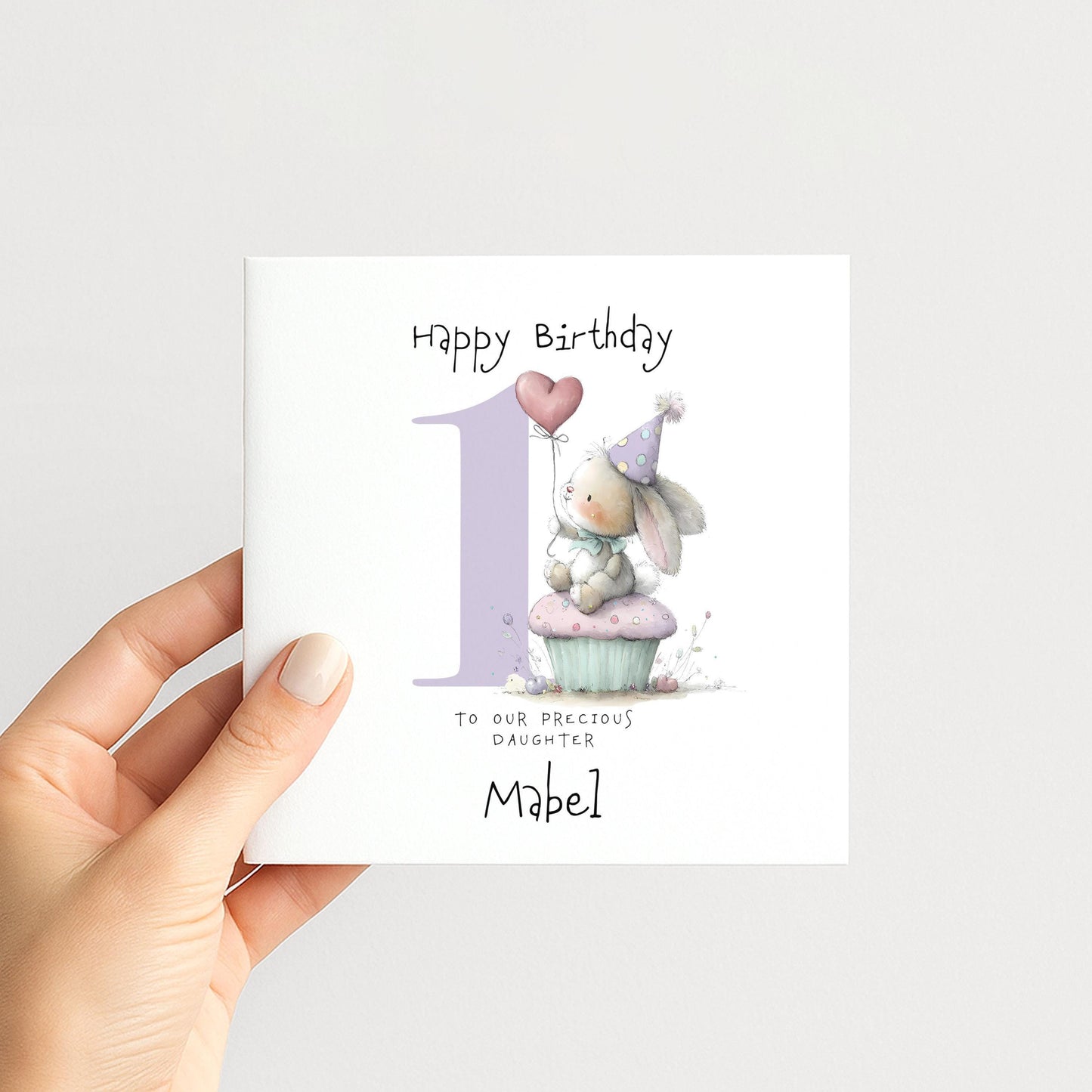Bunny First Birthday Card - Personalised Cute Pastel Keepsake For Baby Girl