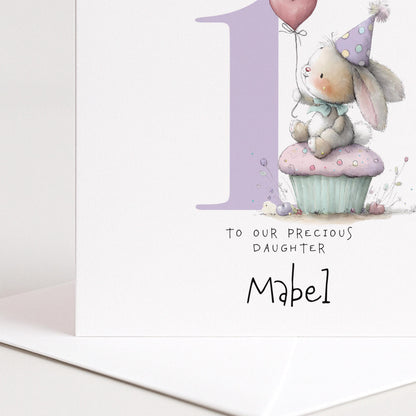 Bunny First Birthday Card - Personalised Cute Pastel Keepsake For Baby Girl