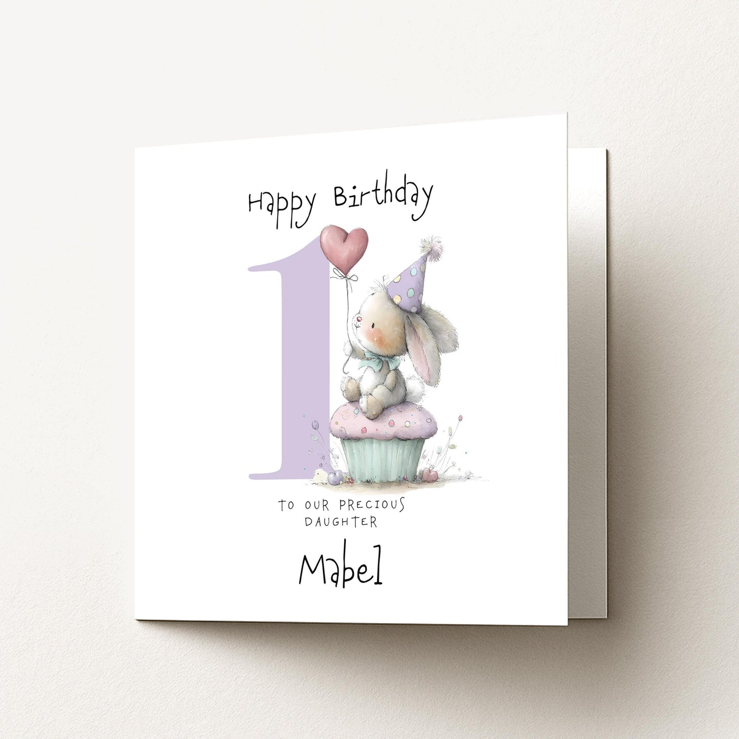 Bunny First Birthday Card - Personalised Cute Pastel Keepsake For Baby Girl