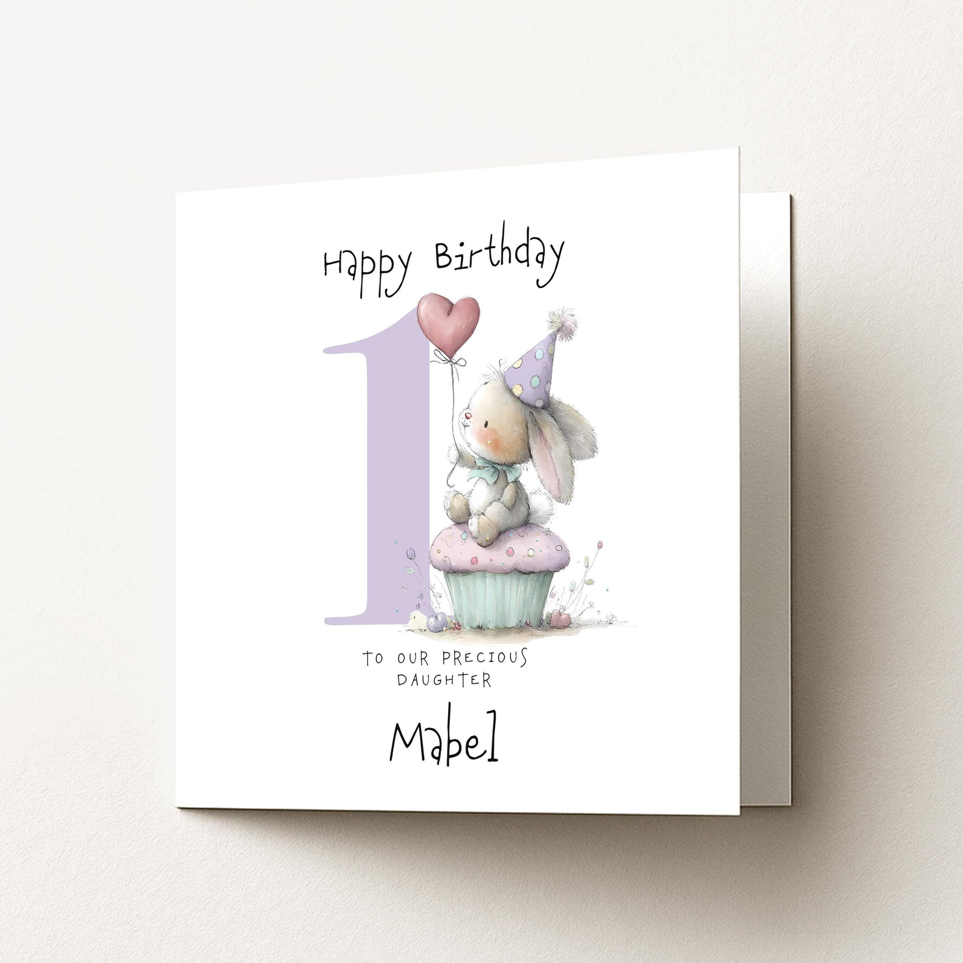 Bunny First Birthday Card - Personalised Cute Pastel Keepsake For Baby Girl