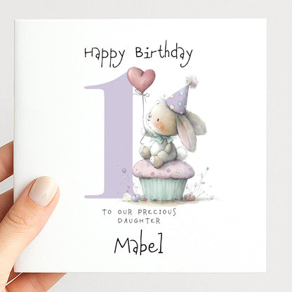 Bunny First Birthday Card - Personalised Cute Pastel Keepsake For Baby Girl