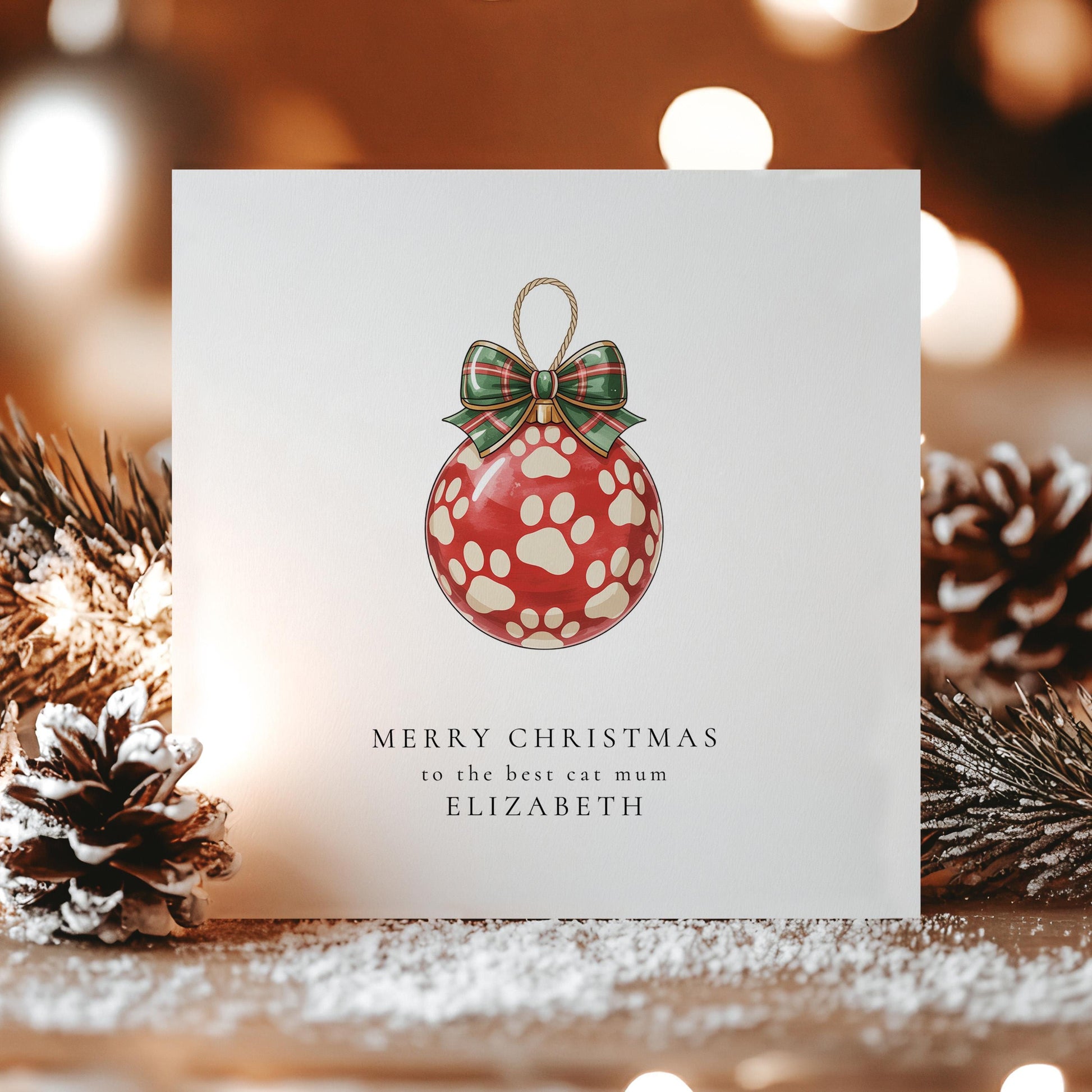 Cat Mum Christmas Card – Personalised Paw Print Bauble Festive Greeting