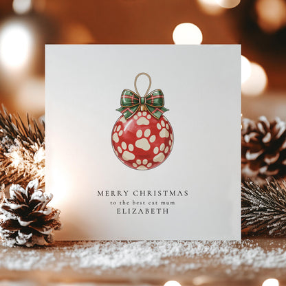 Cat Mum Christmas Card – Personalised Paw Print Bauble Festive Greeting