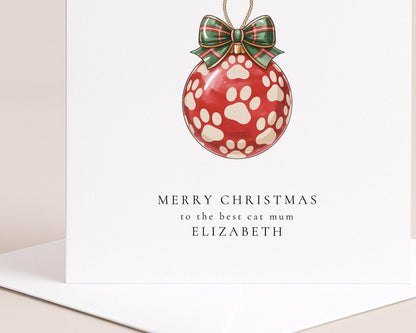 Cat Mum Christmas Card – Personalised Paw Print Bauble Festive Greeting