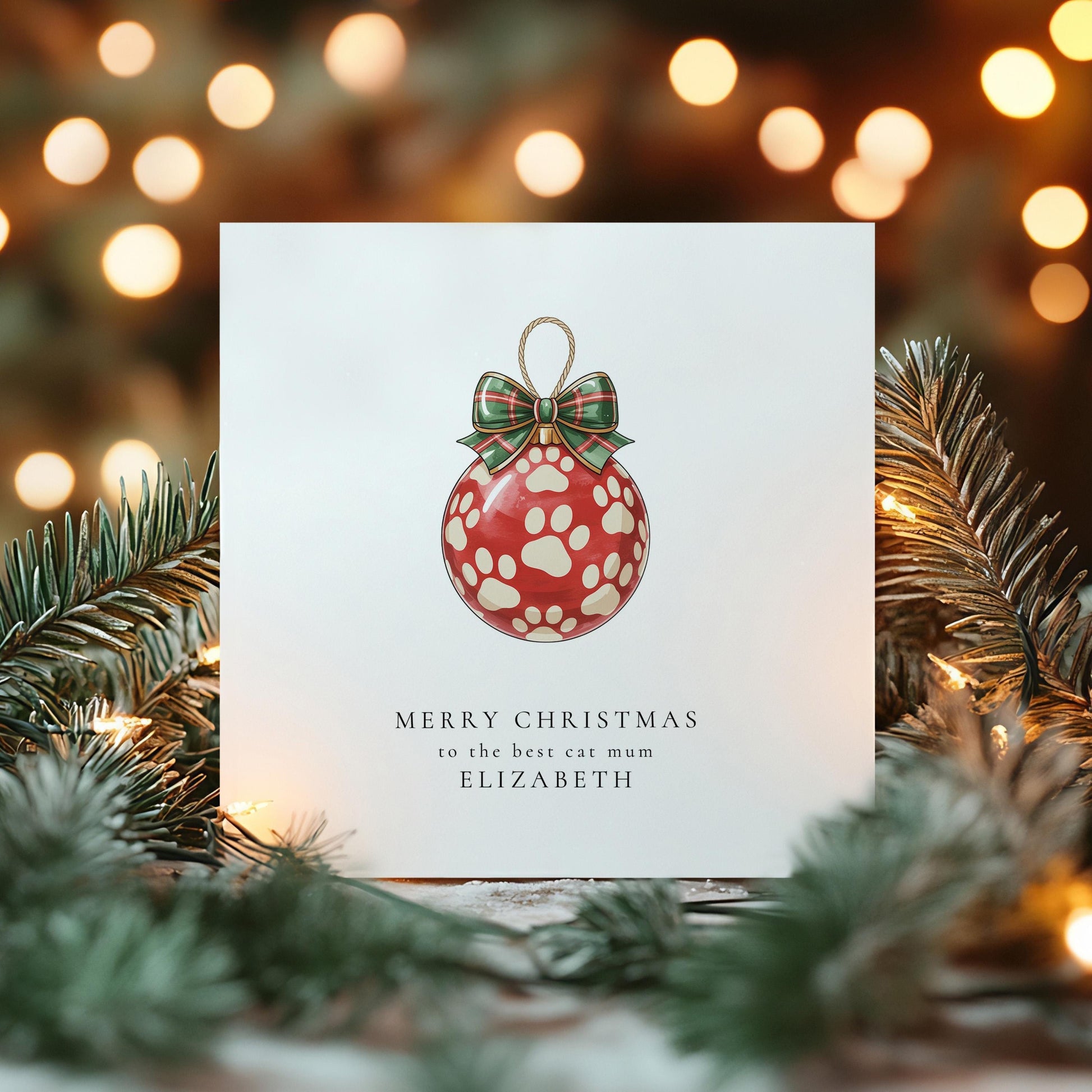 Cat Mum Christmas Card – Personalised Paw Print Bauble Festive Greeting