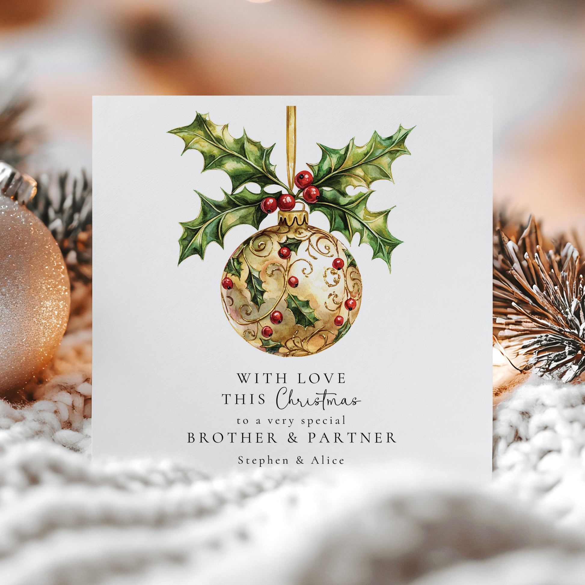 Christmas Card Brother Partner – Elegant Holiday Wishes | Classic Gold Bauble Design