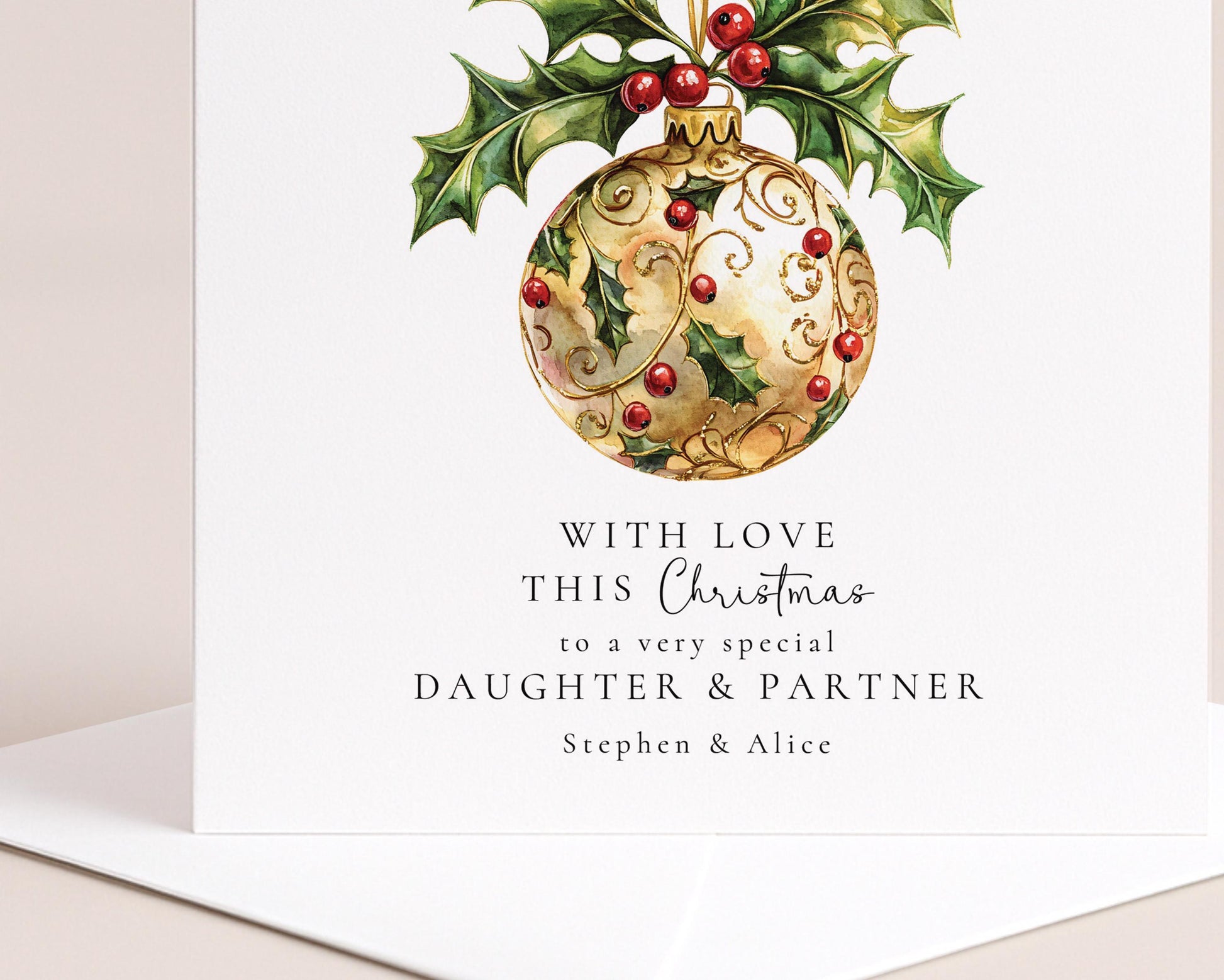 Christmas Card Daughter Partner – Elegant Gold Holly Bauble Holiday Greeting