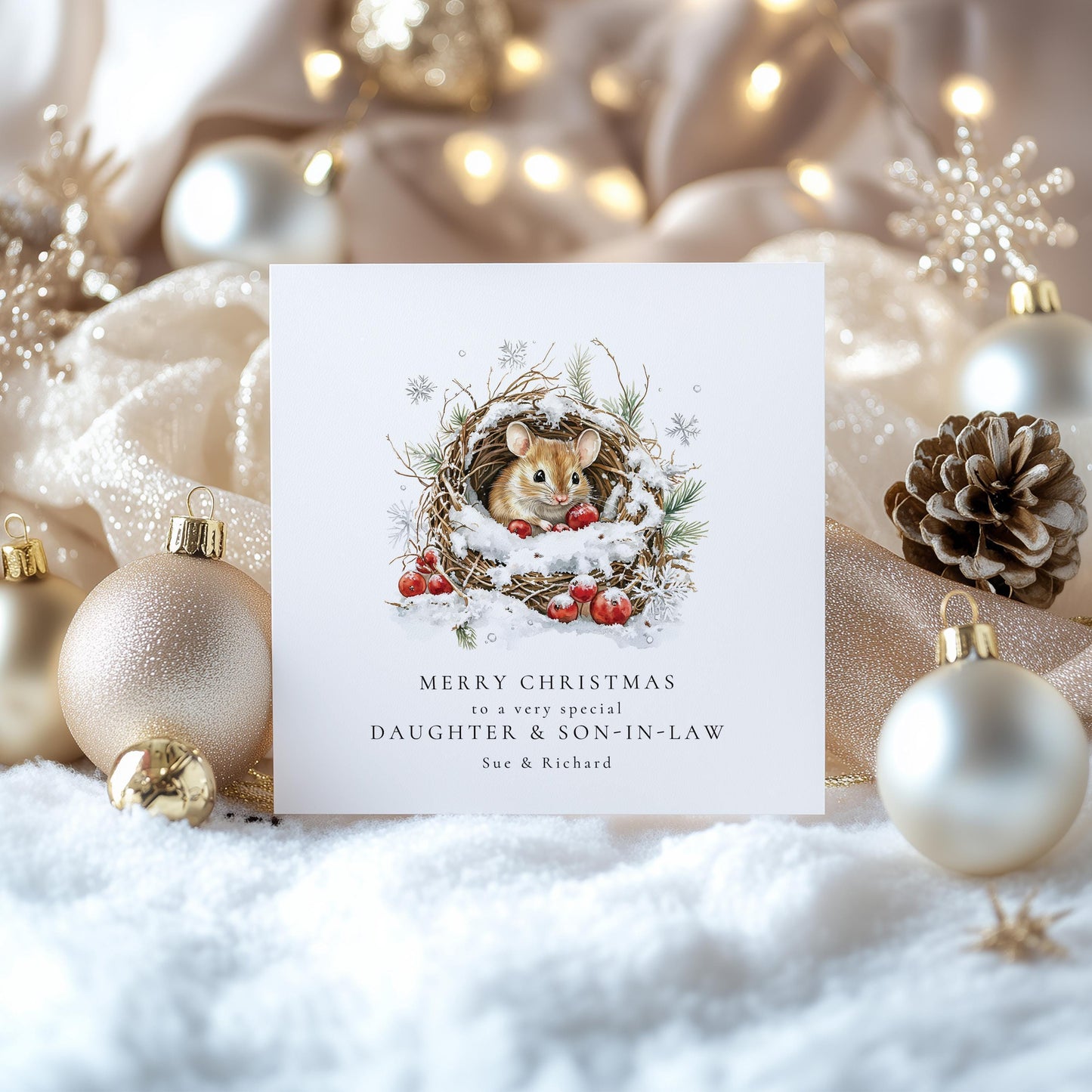 Christmas Card Daughter Son-in-Law – Personalised Festive Greeting With Snowy Wreath Design