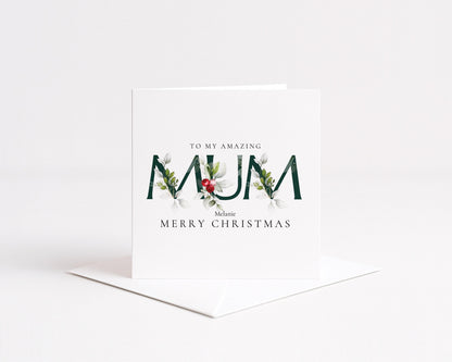 Christmas Card For Mum – Personalised Floral Typography Card With Matte Finish