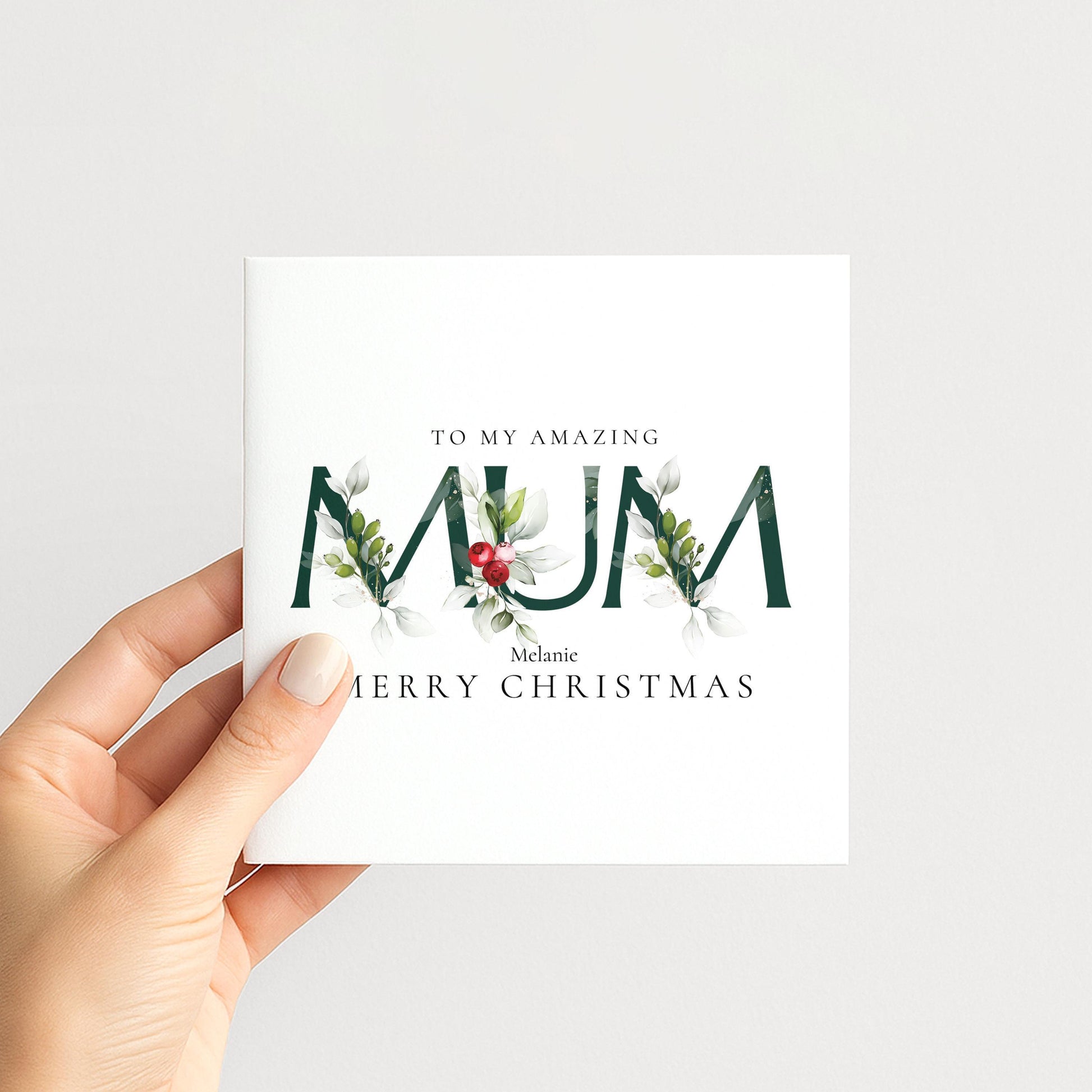 Personalised Christmas card for Mum with floral MUM letter typography and custom name, printed on 300gsm card