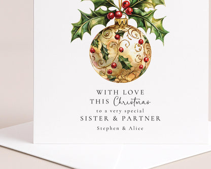 Christmas Card For Sister – Elegant Gold Holly Bauble Design, Personalised Gift