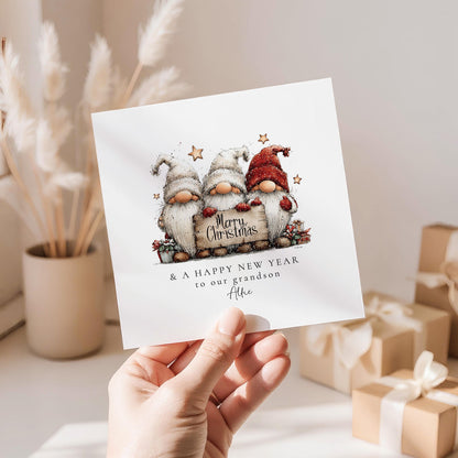 Christmas Card Grandson – Personalised Gnome With Merry Christmas Sign