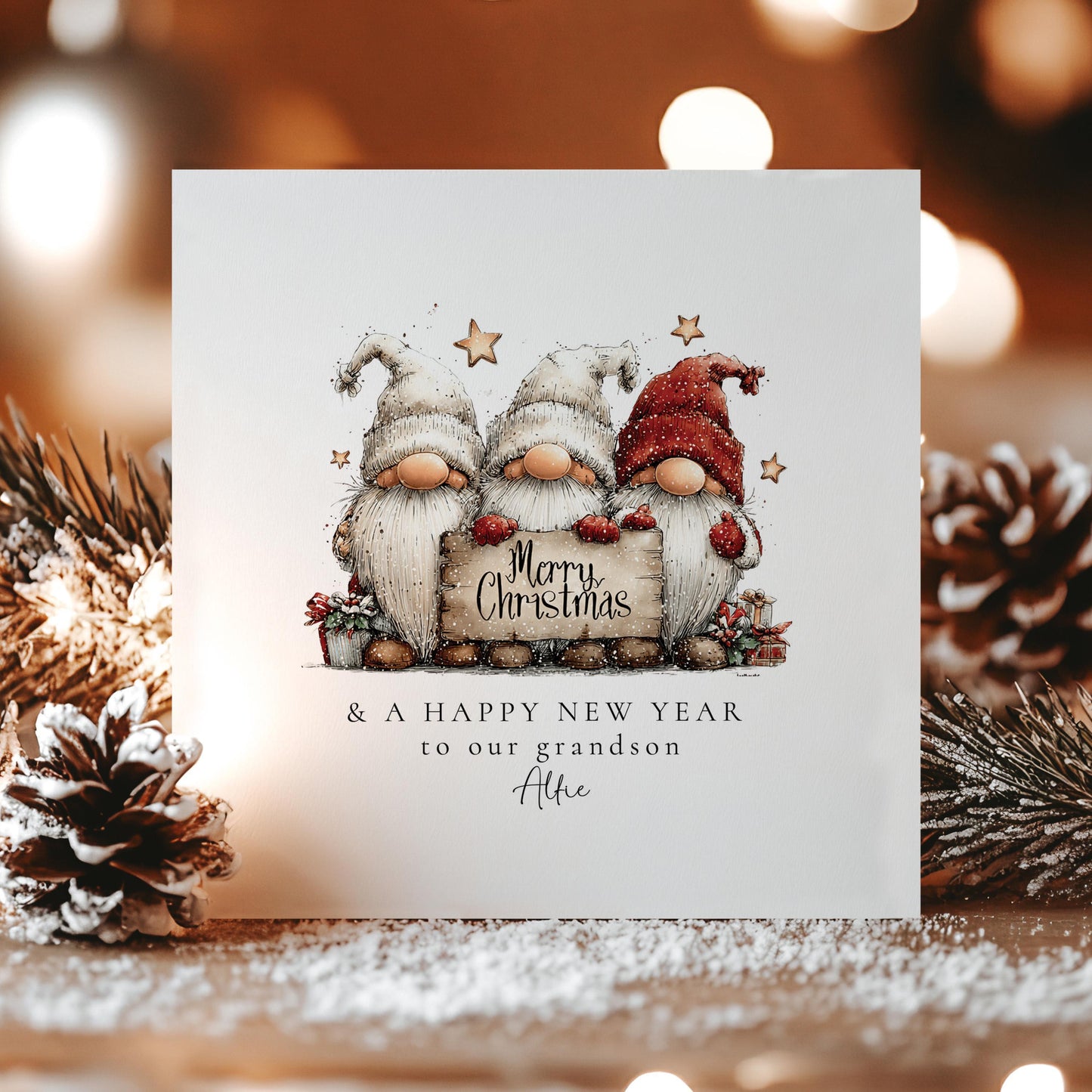 Christmas Card Grandson – Personalised Gnome With Merry Christmas Sign
