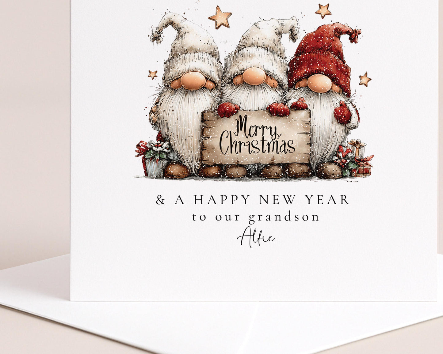Christmas Card Grandson – Personalised Gnome With Merry Christmas Sign