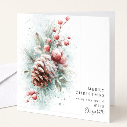 Christmas Card Wife - Personalised Pinecone Foliage Design Folded Holiday Greeting