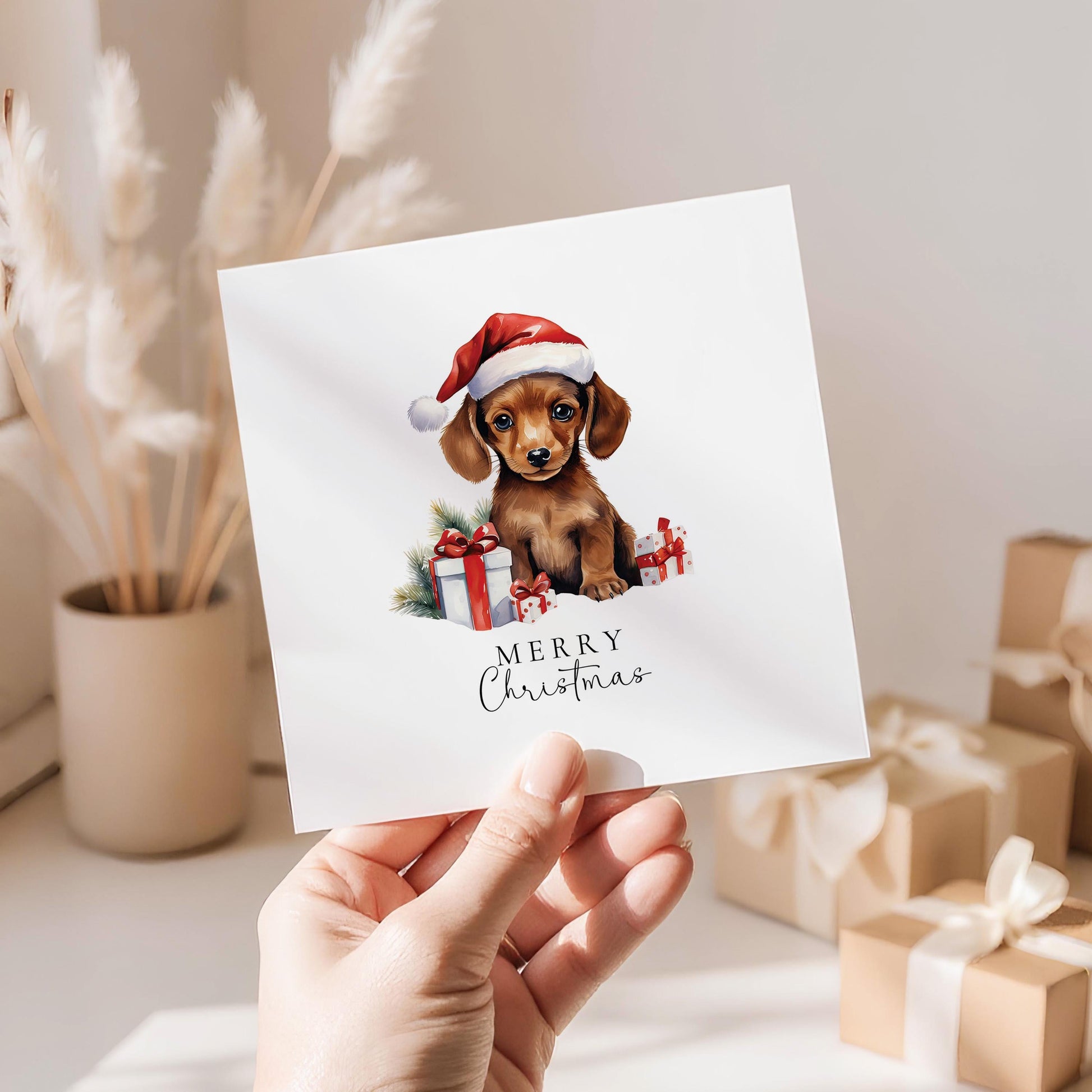 Christmas Dachshund Card – Personalised Festive Dog Greeting With Santa Hat Image
