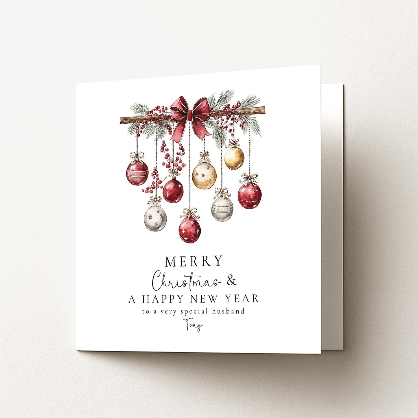 Christmas Husband Card - Personalised Festive Holiday Greeting With Red Gold Baubles