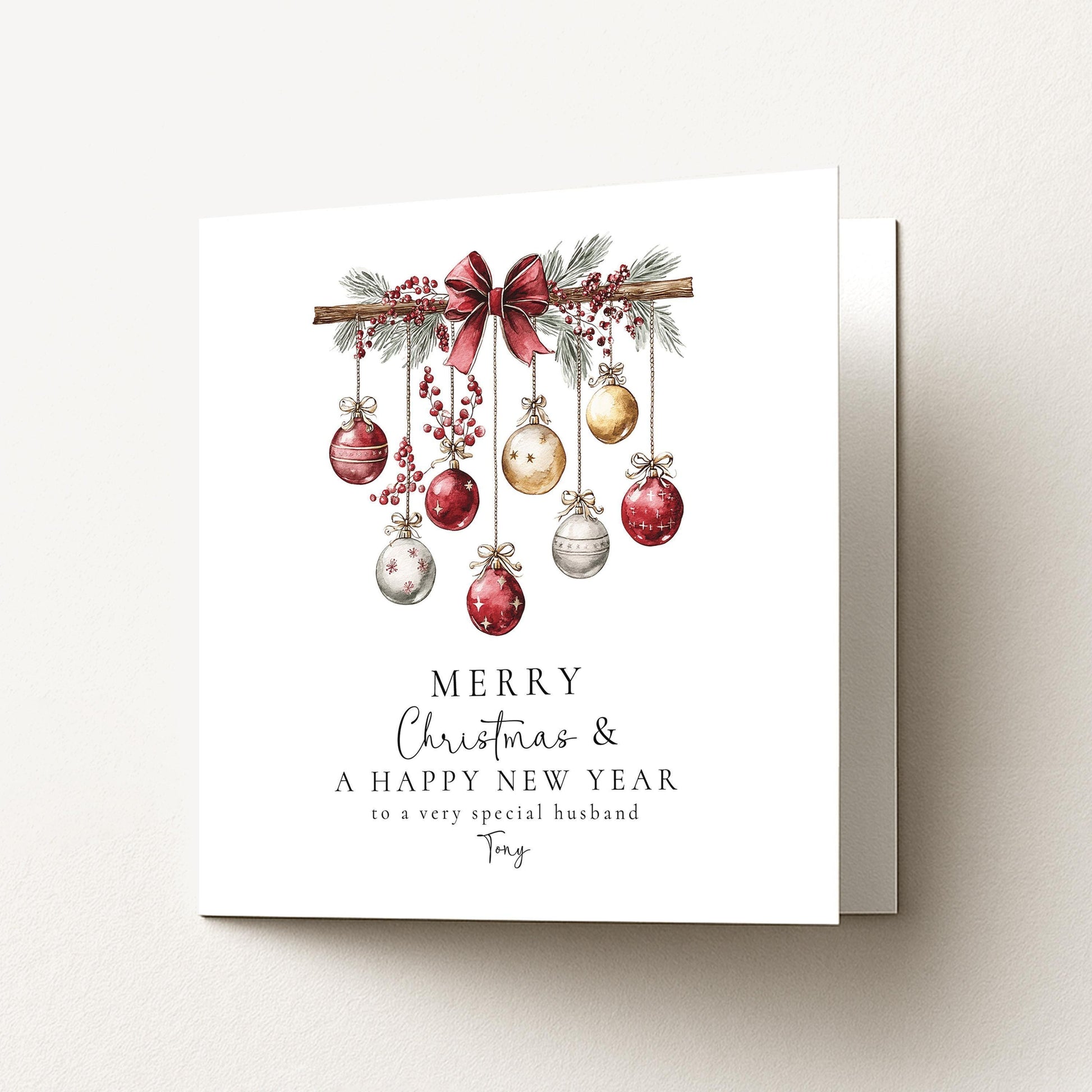 Christmas Husband Card - Personalised Festive Holiday Greeting With Red Gold Baubles