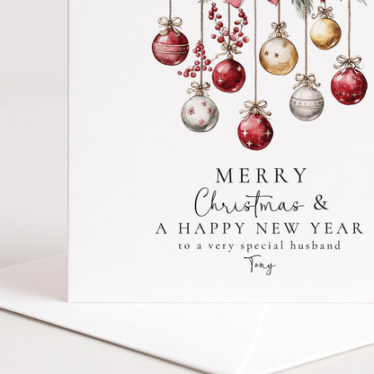 Christmas Husband Card - Personalised Festive Holiday Greeting With Red Gold Baubles
