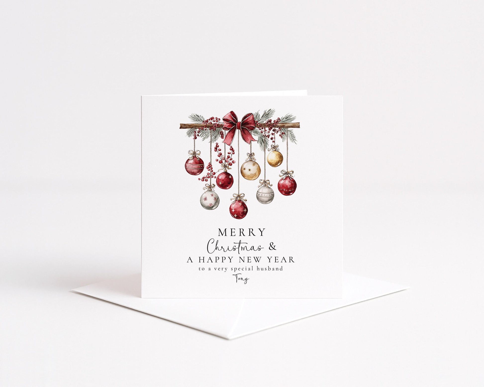 Christmas Husband Card - Personalised Festive Holiday Greeting With Red Gold Baubles