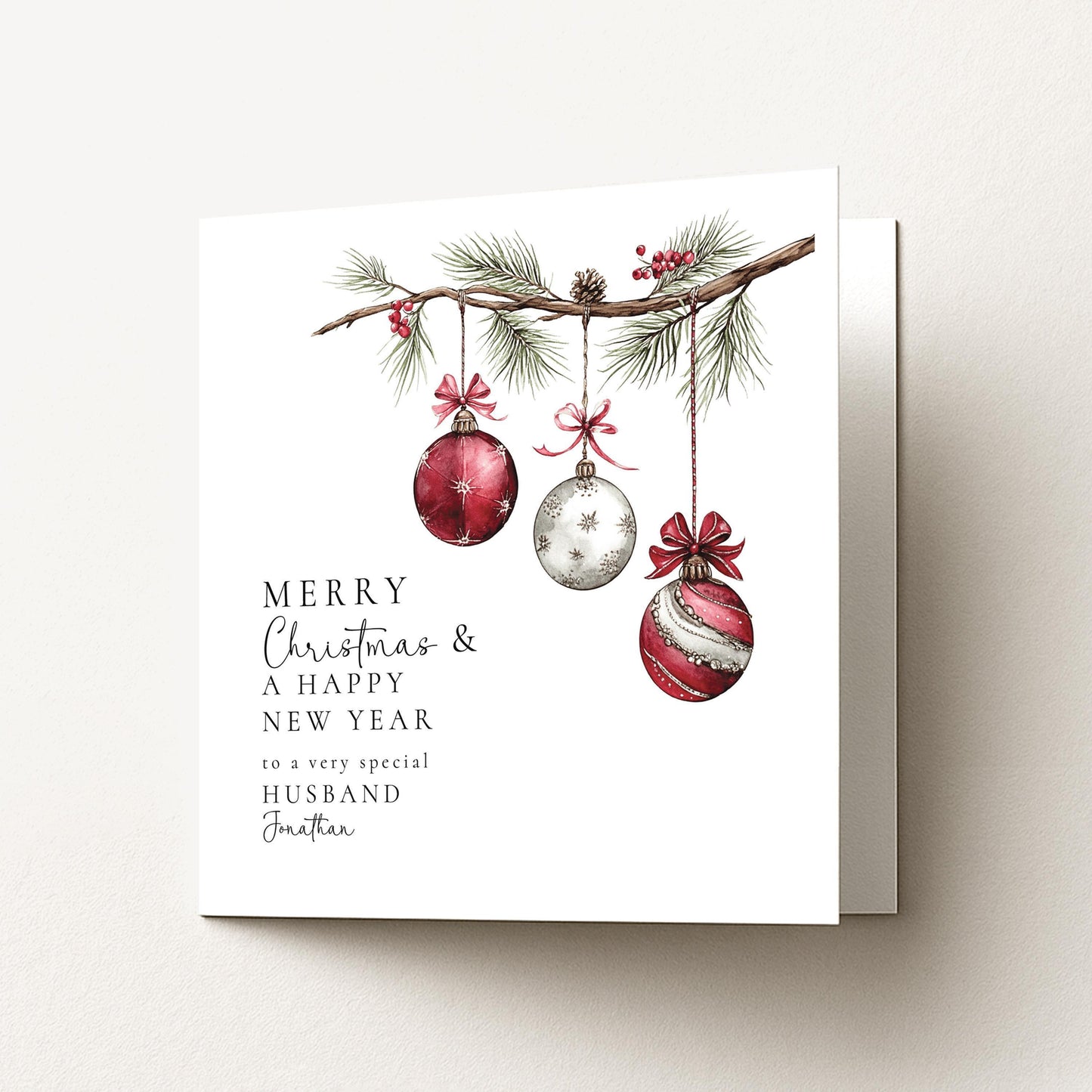 Christmas Husband Card – Personalised Matte Finish Holiday Greeting With Red Silver Baubles