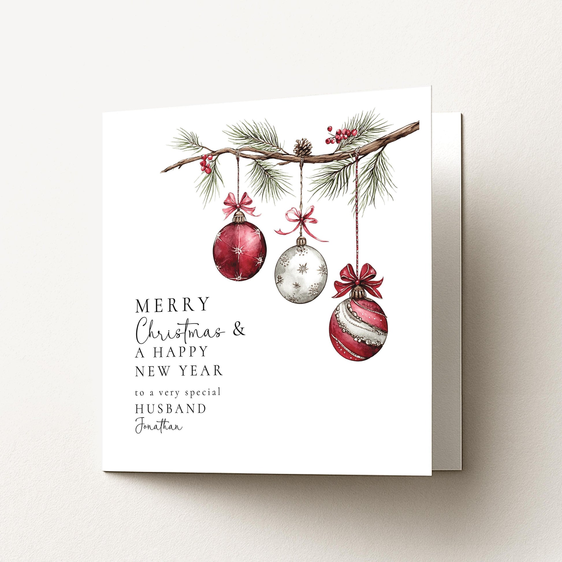 Christmas Husband Card – Personalised Matte Finish Holiday Greeting With Red Silver Baubles