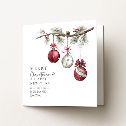 Christmas Husband Card – Personalised Matte Finish Holiday Greeting With Red Silver Baubles