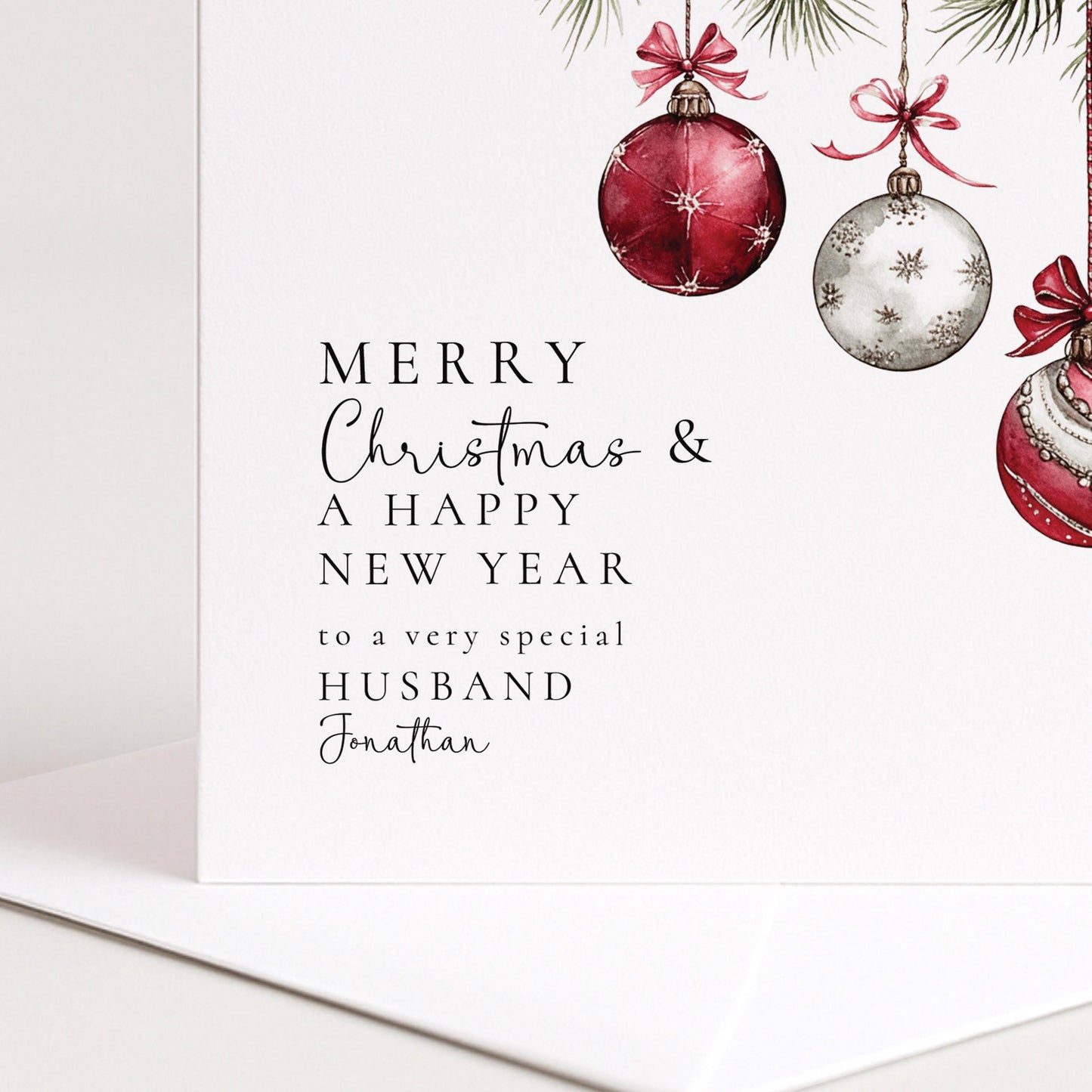 Christmas Husband Card – Personalised Matte Finish Holiday Greeting With Red Silver Baubles