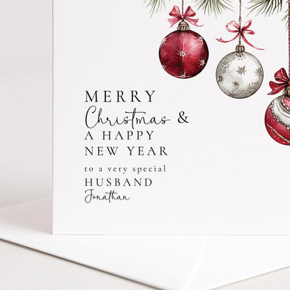 Christmas Husband Card – Personalised Matte Finish Holiday Greeting With Red Silver Baubles