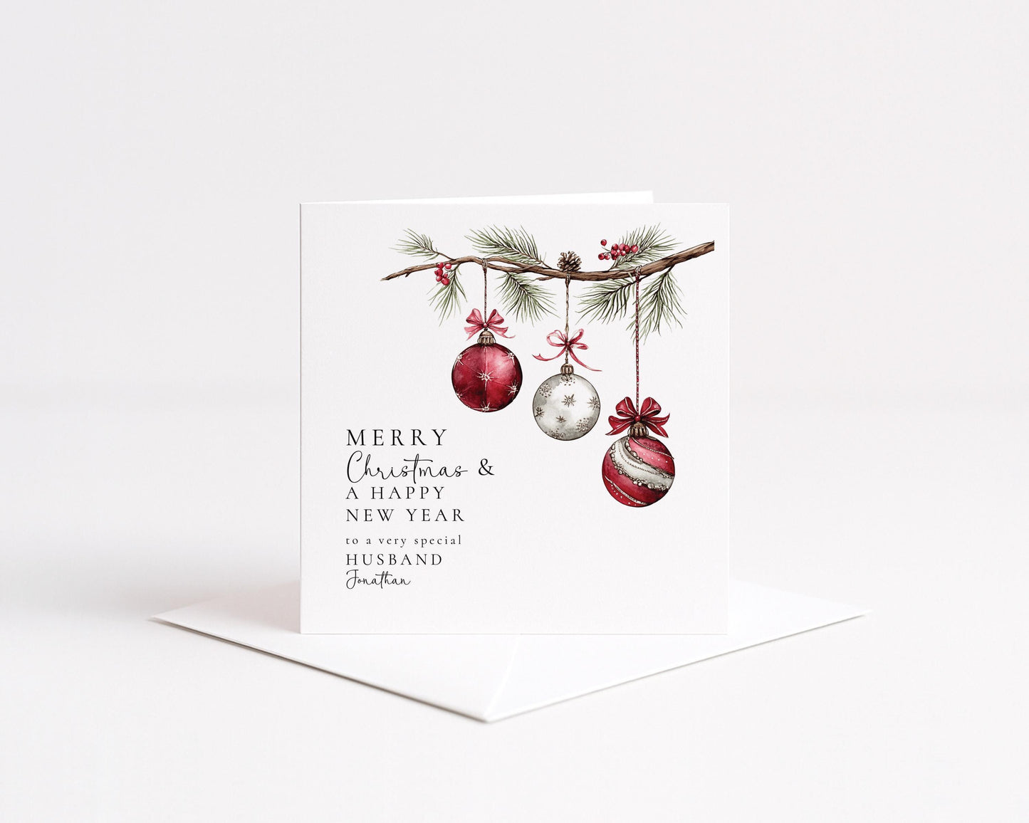 Christmas Husband Card – Personalised Matte Finish Holiday Greeting With Red Silver Baubles