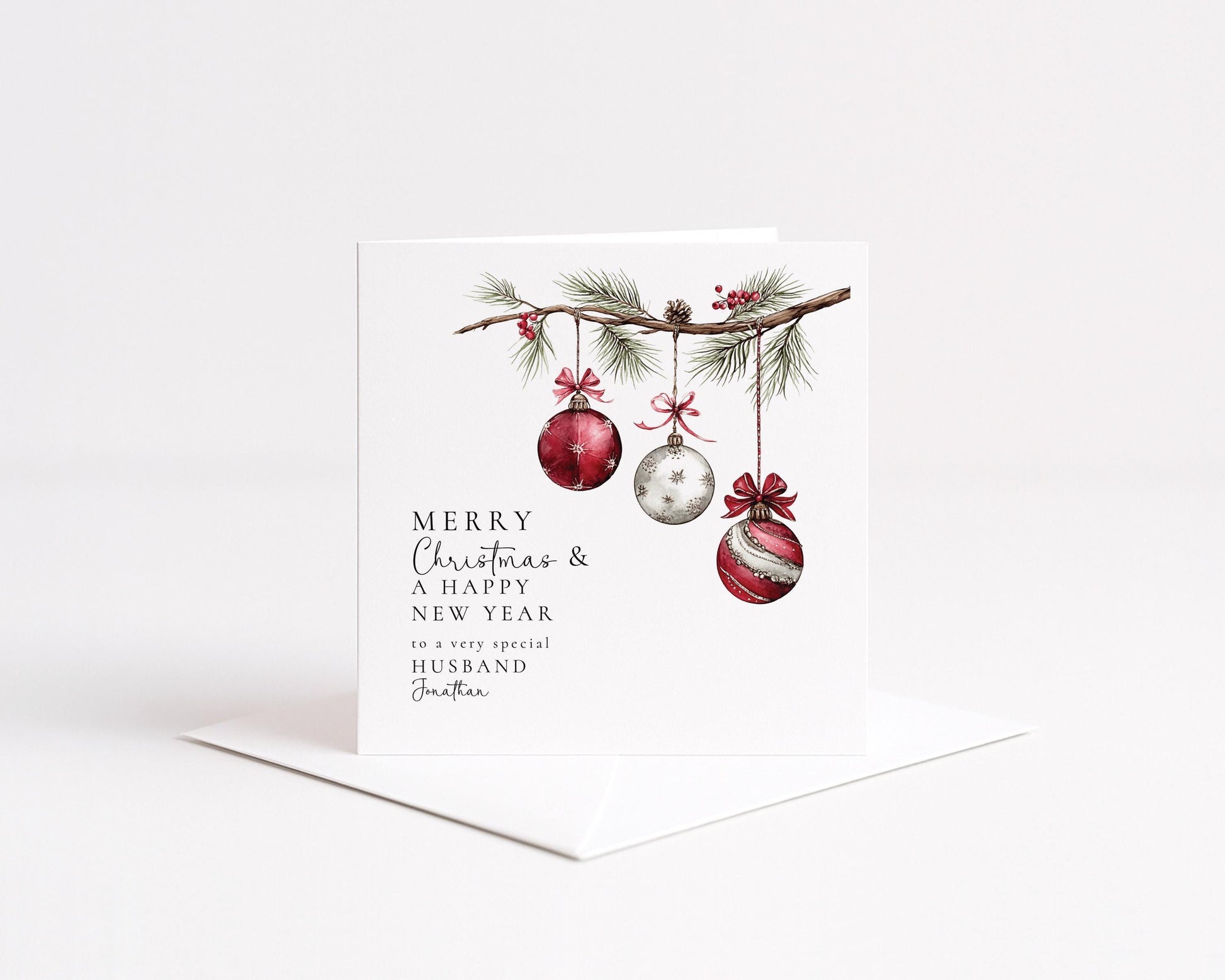 Christmas Husband Card – Personalised Matte Finish Holiday Greeting With Red Silver Baubles