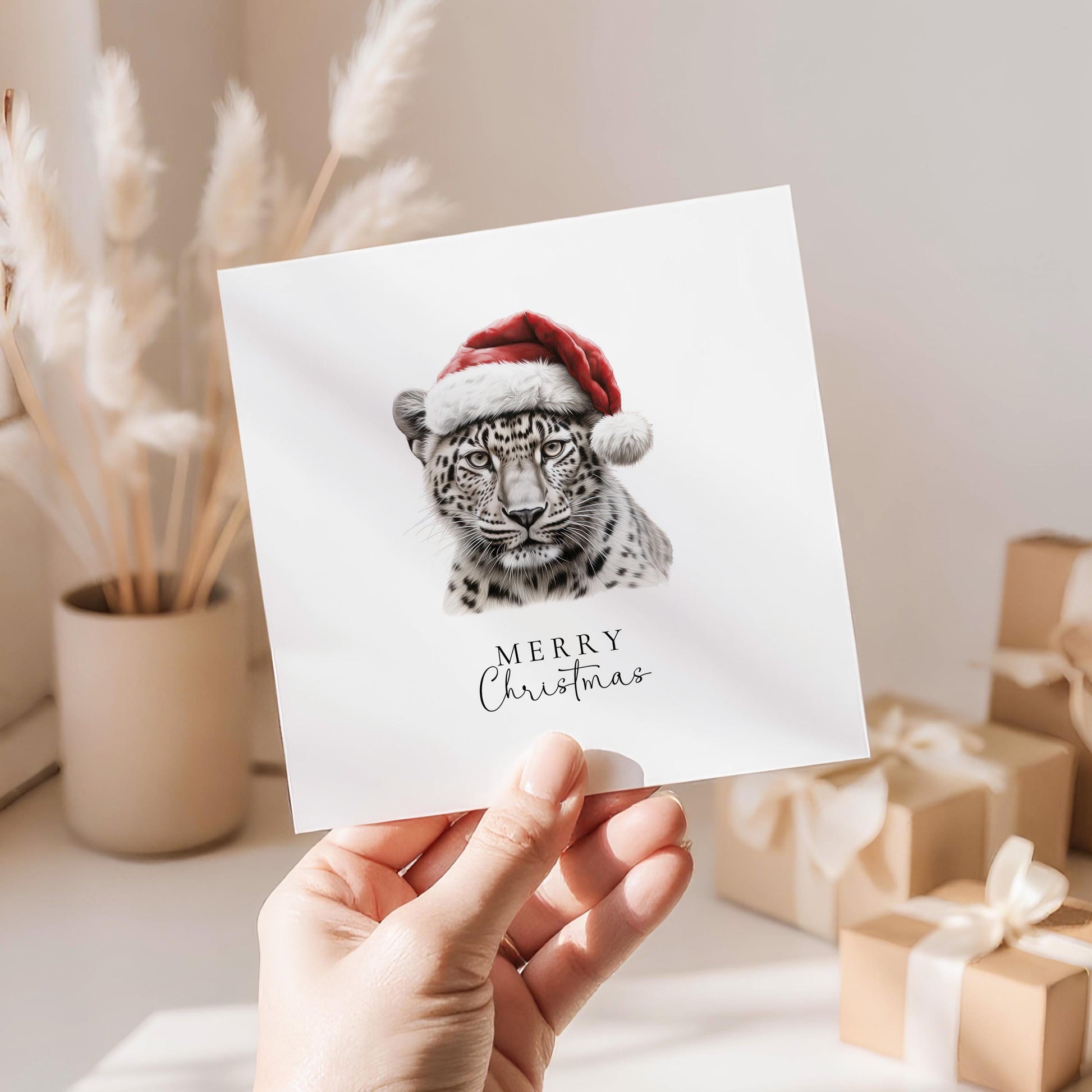 Christmas Snow Leopard Card – Personalised Festive Animal Greeting With Matte Finish