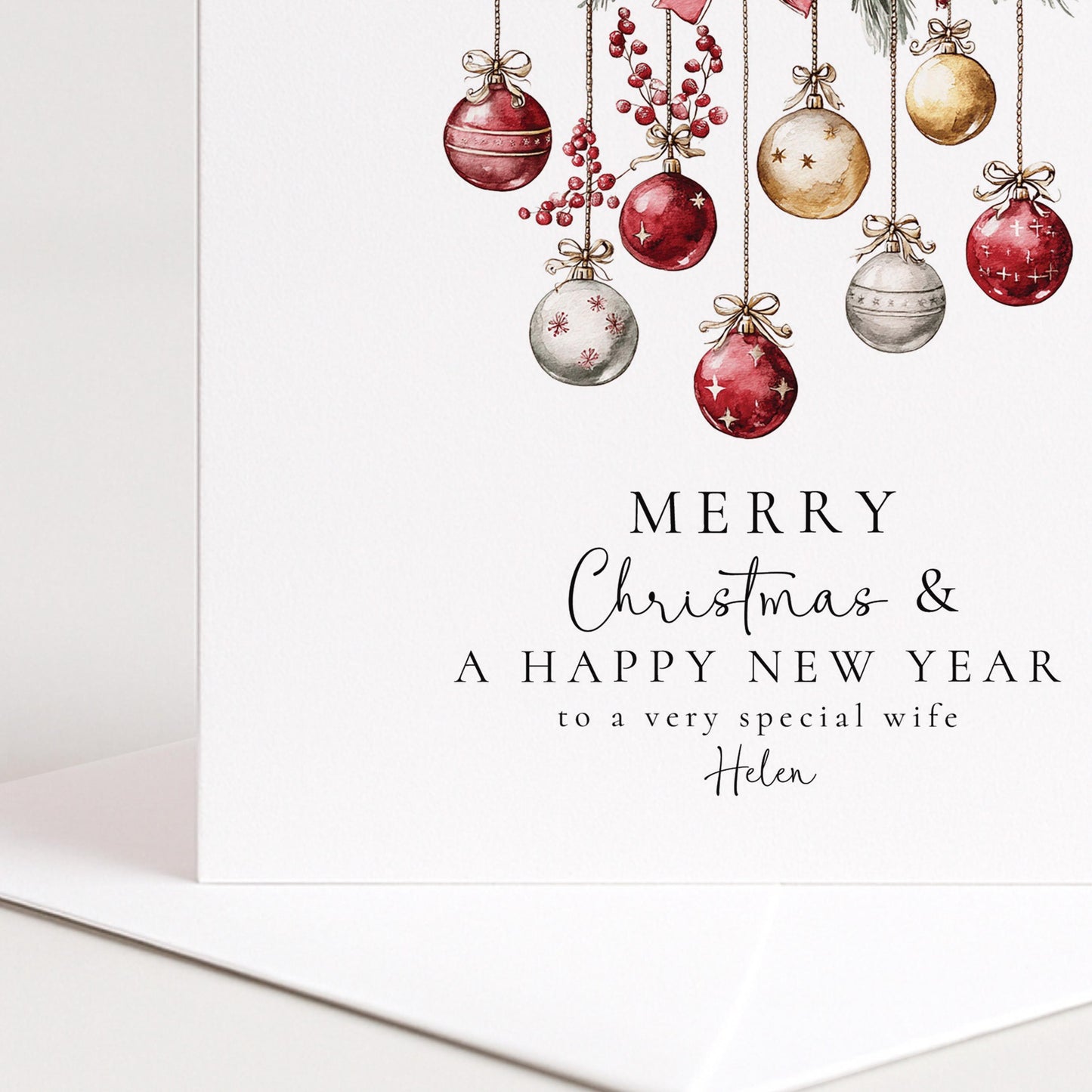 Christmas Wife Card – Personalised Festive Greeting With Red Gold Baubles