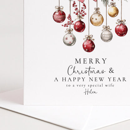 Christmas Wife Card – Personalised Festive Greeting With Red Gold Baubles