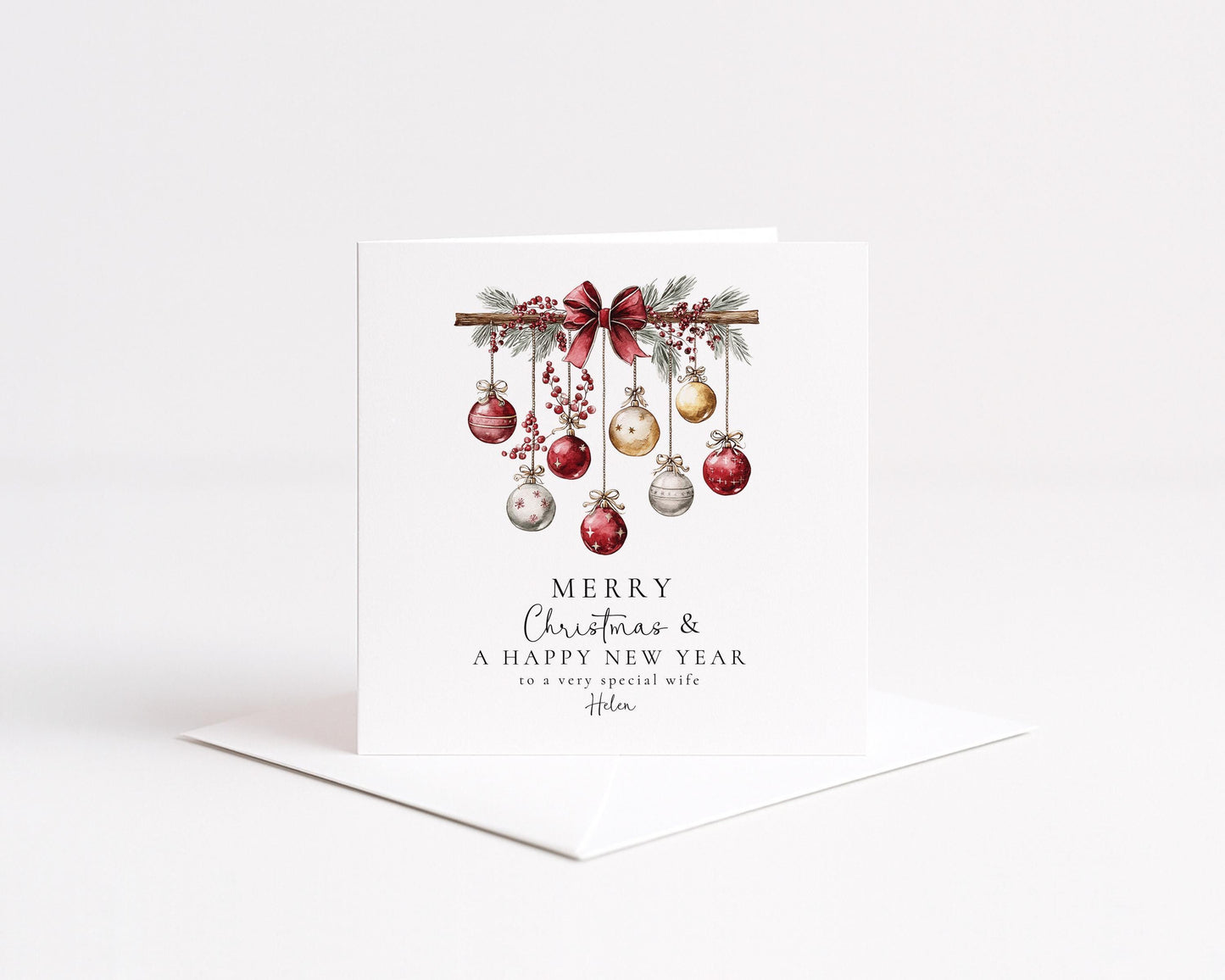 Christmas Wife Card – Personalised Festive Greeting With Red Gold Baubles