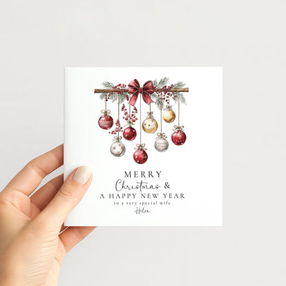 Christmas Wife Card – Personalised Festive Greeting With Red Gold Baubles