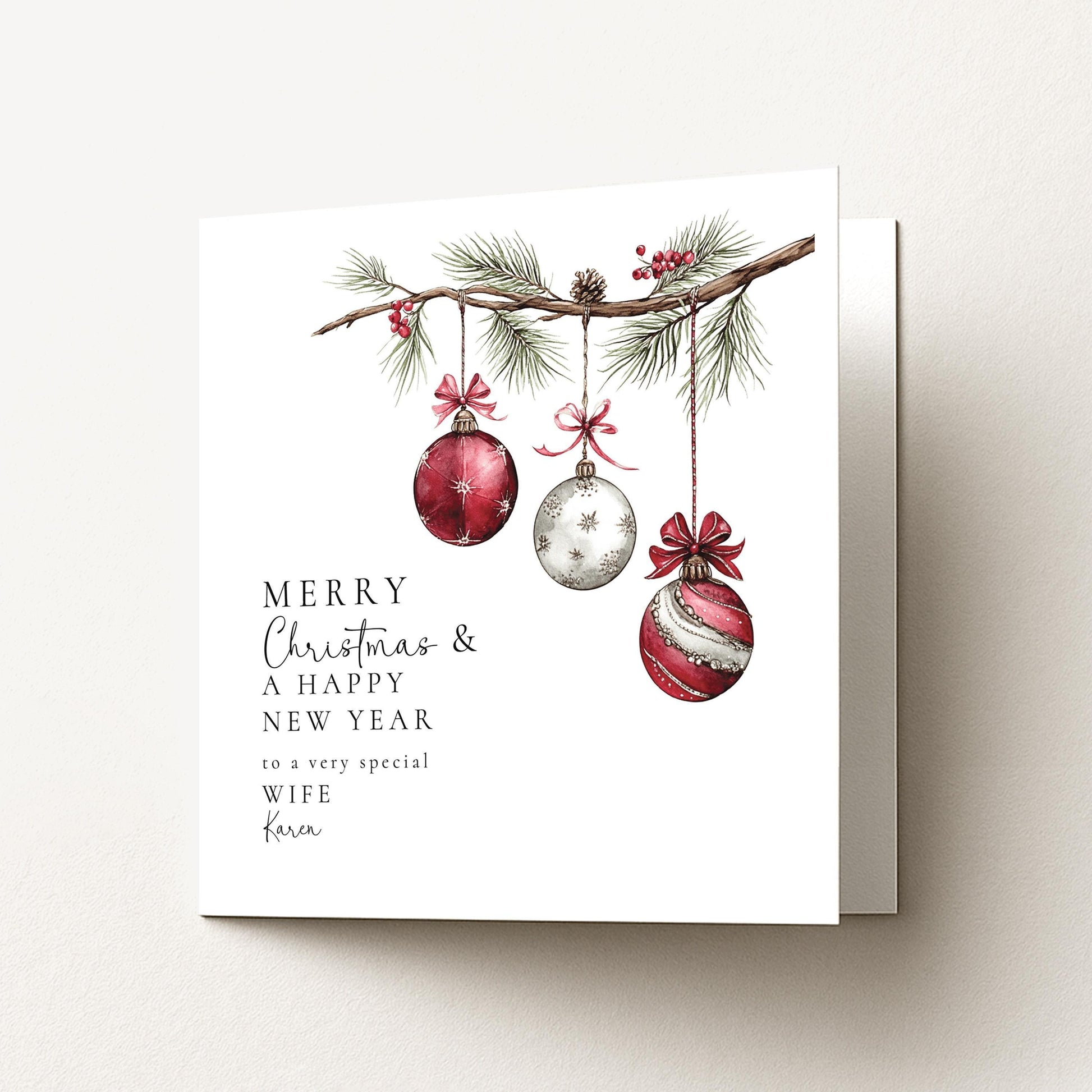 Christmas Wife Card – Personalised Holiday Greeting With Festive Baubles