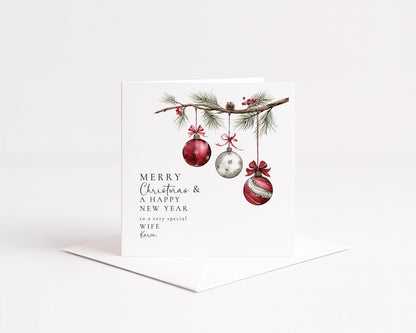 Christmas Wife Card – Personalised Holiday Greeting With Festive Baubles