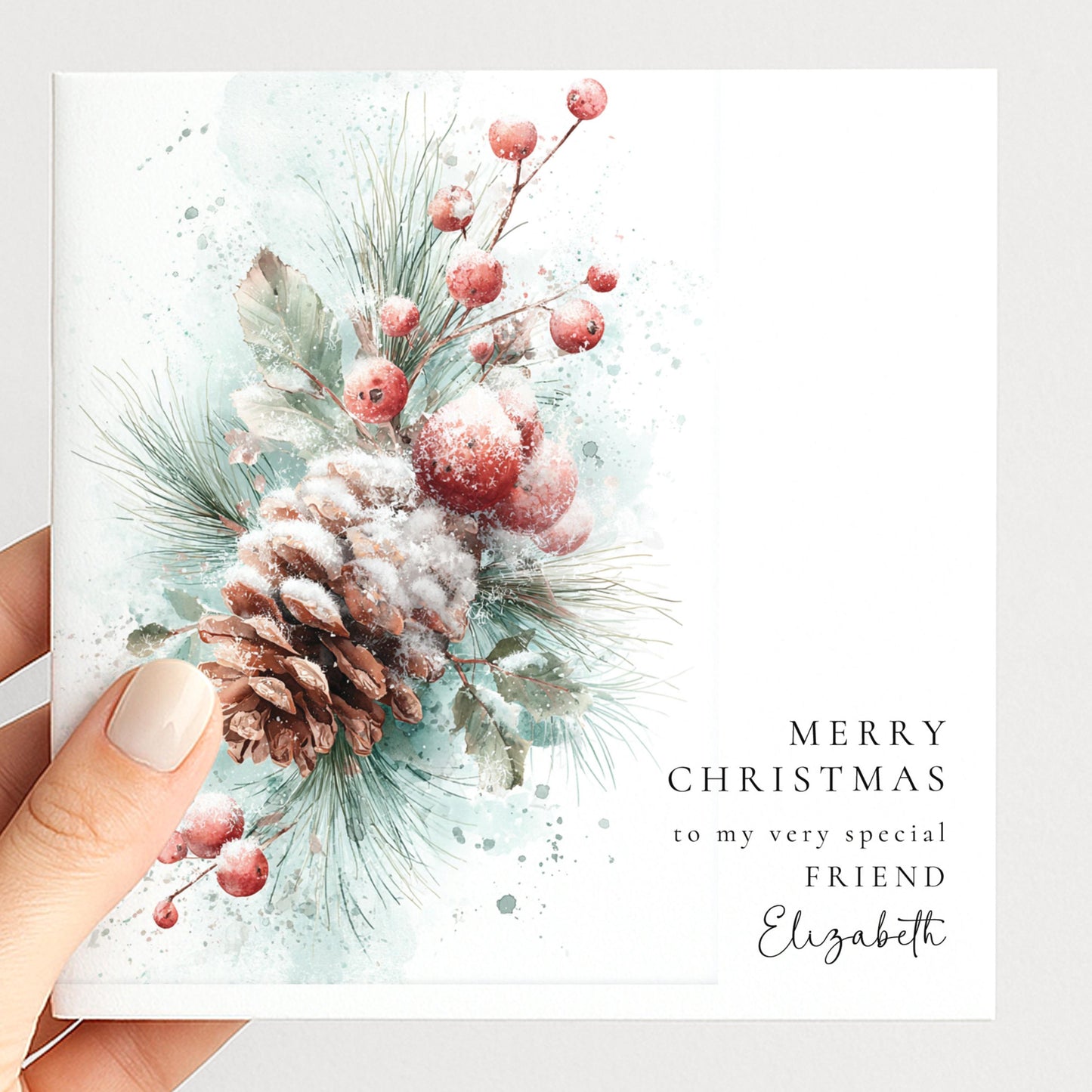 Personalised Christmas Card Friend, Merry Christmas Friend Botanical Card, Pinecone Xmas Card for Her, Elegant Personalised Friend Xmas Card