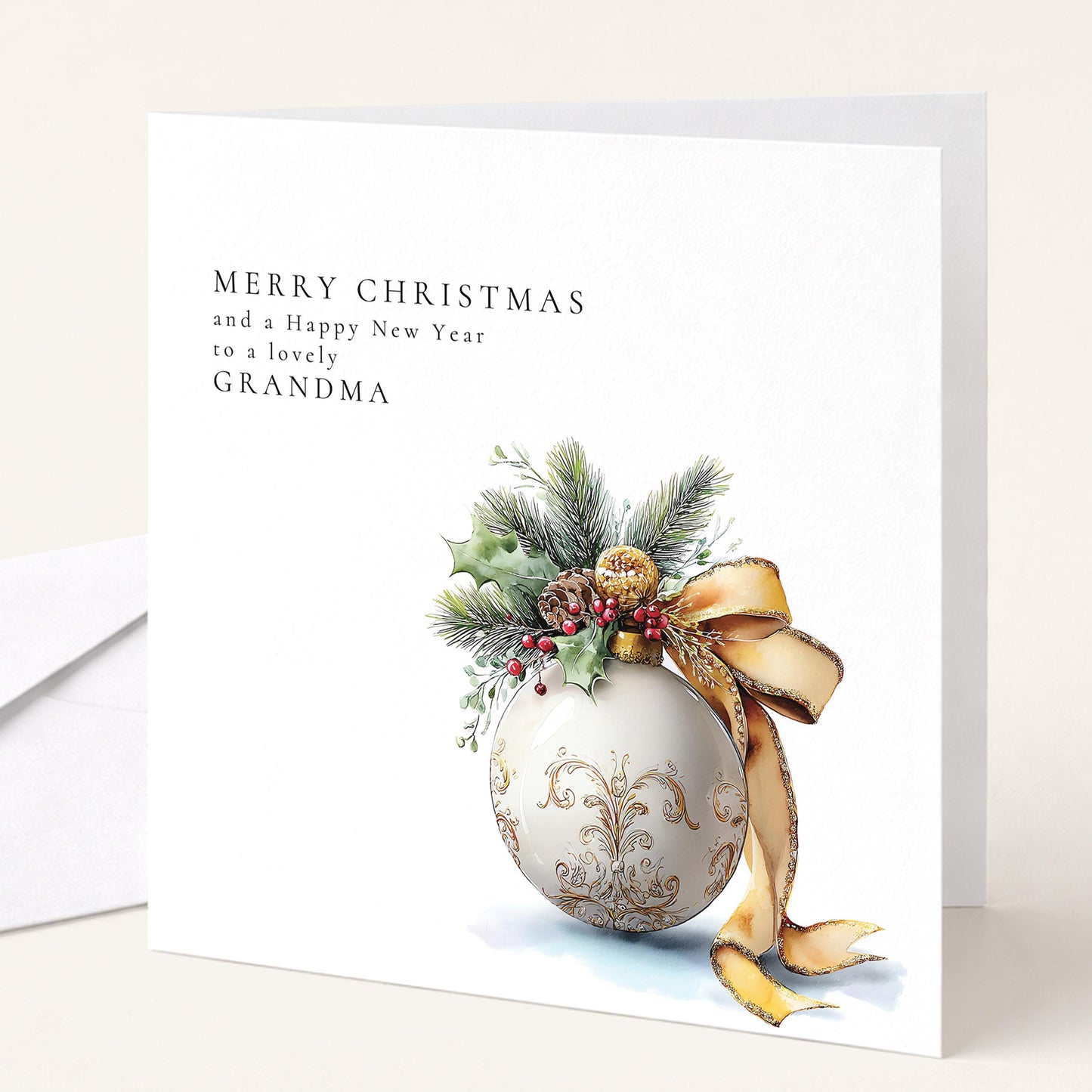 Christmas Card for Grandma, Merry Christmas Grandma Happy New Year Card, Gold Bauble Botanical Xmas Card, Special Grandma Christmas Card
