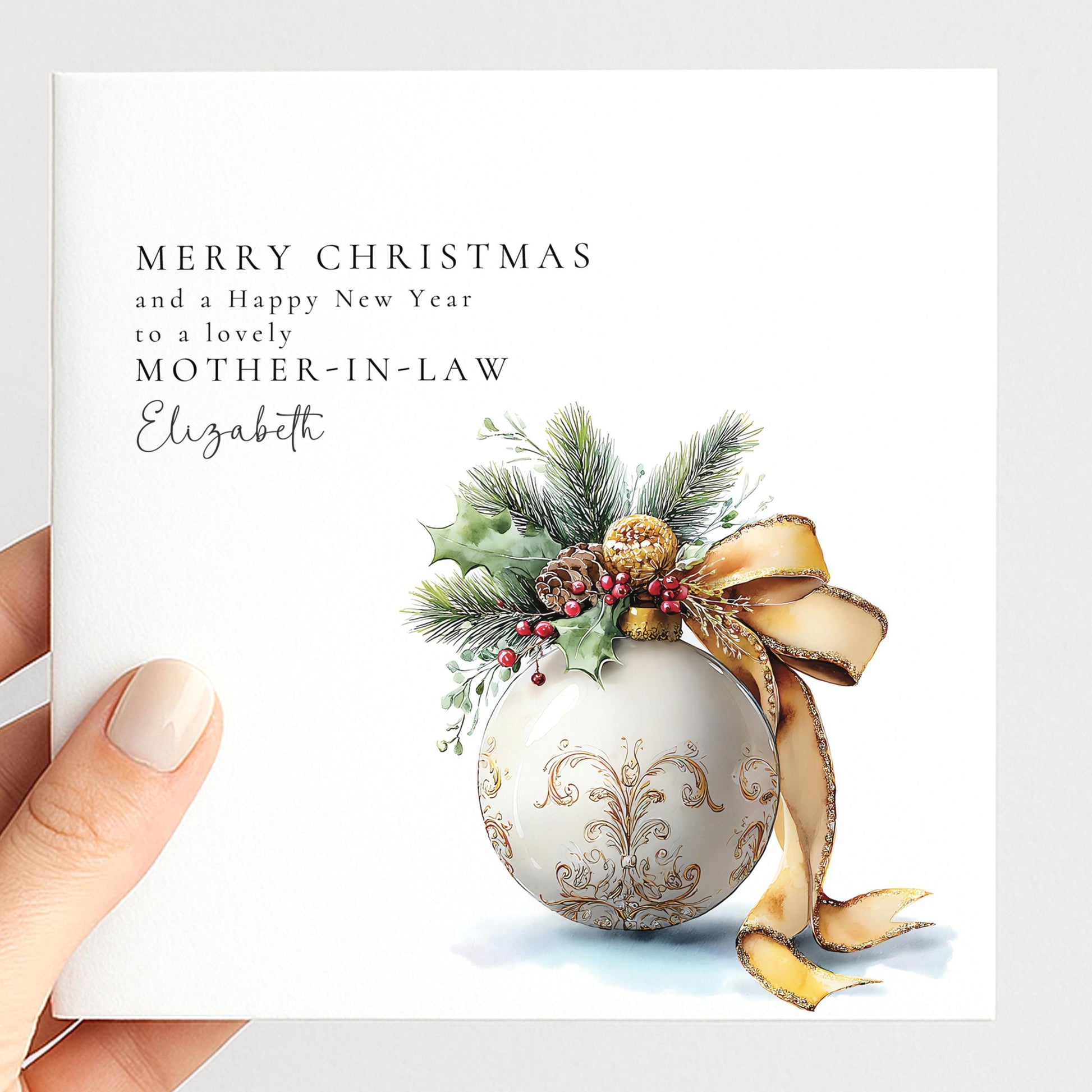 Personalised Christmas Card Mother In Law, Merry Christmas Mother In Law Card, Gold Bauble Botanical Xmas Card, Special Mother In Law Card