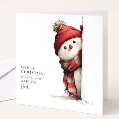 Personalised Christmas Card Nephew, Peeking Snowman Nephew Xmas Card, Cute Snowman Christmas Card for Boy, Special Nephew Christmas Card